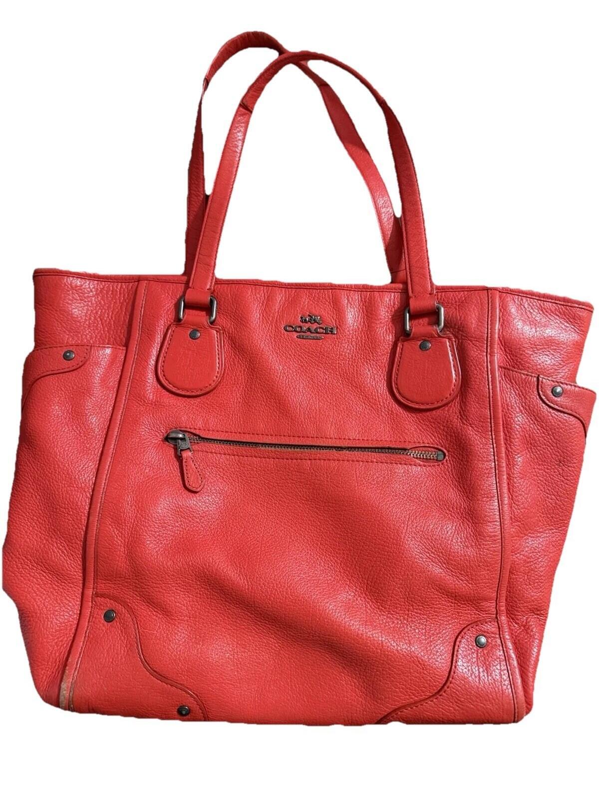Coach Red Leather Mickie Tote Side Pockets Wear On Bottom